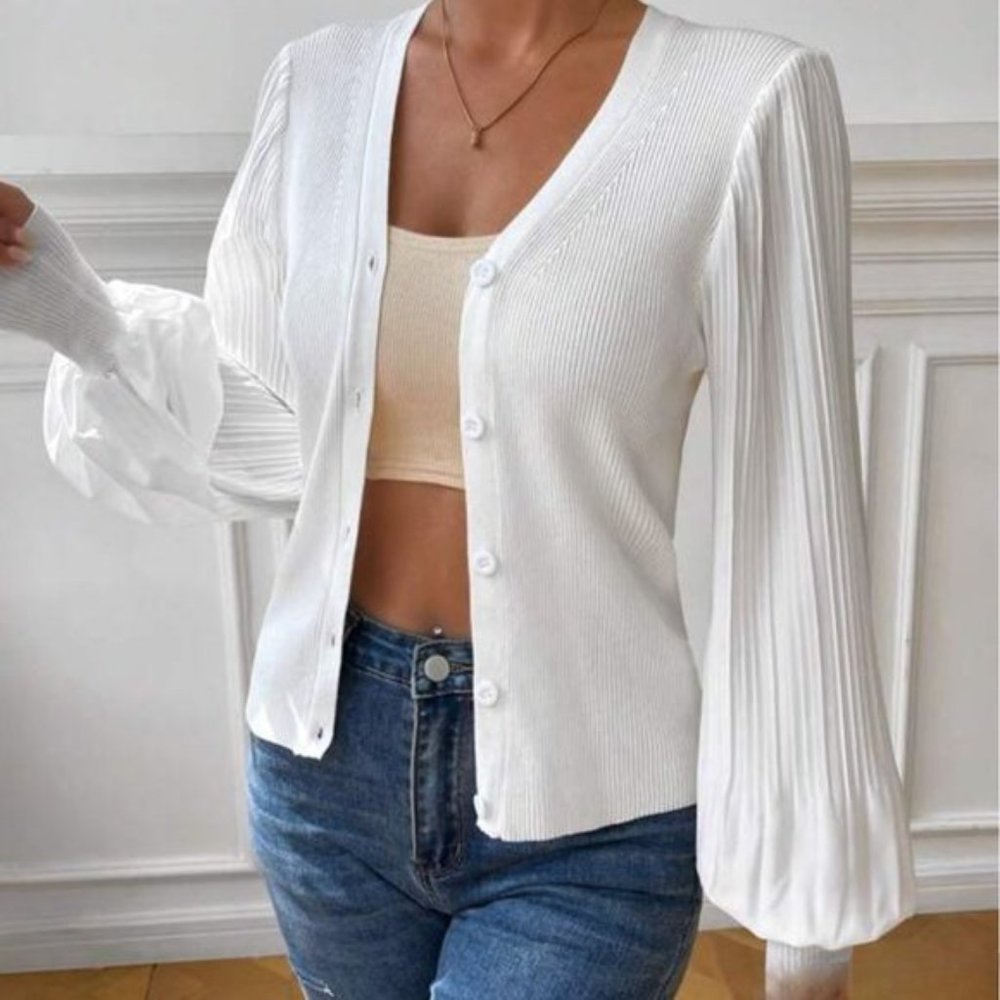 White Pleated Sleeve Button Front Ribbed Knit Cardigan - Picture 4 of 6